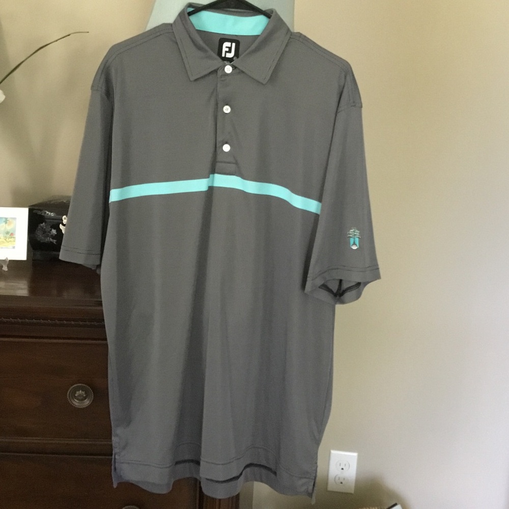 FootJoy-EUC-Men’s Moisture Wicking Gray Polo with Aqua Chest Stripe